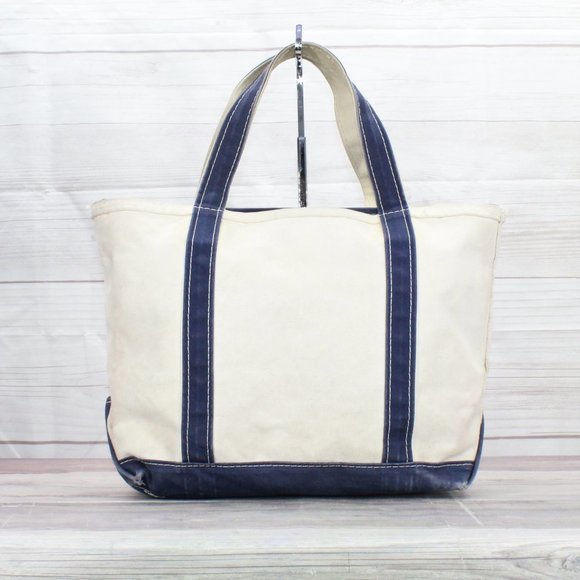 LL BEAN Boat & Tote Cream Canvas Blue Trim JMS & IBS Zip Top Purse Tote Handbag - Picture 3 of 9